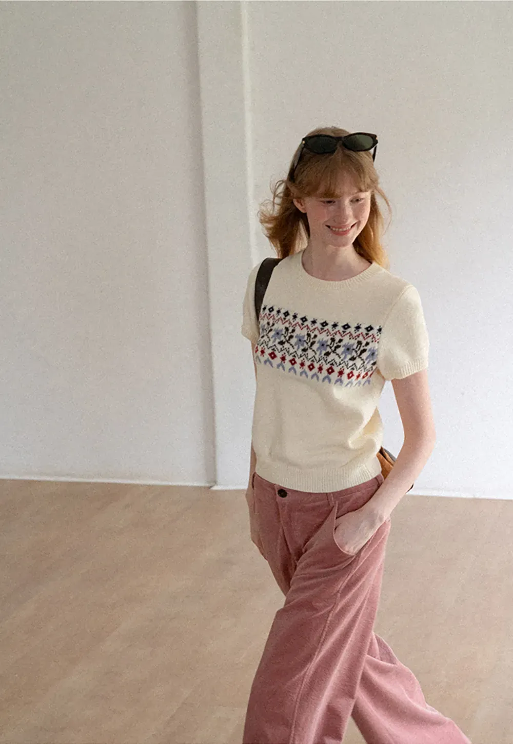 Fair Isle Patterned Short Sleeve Knit Sweater