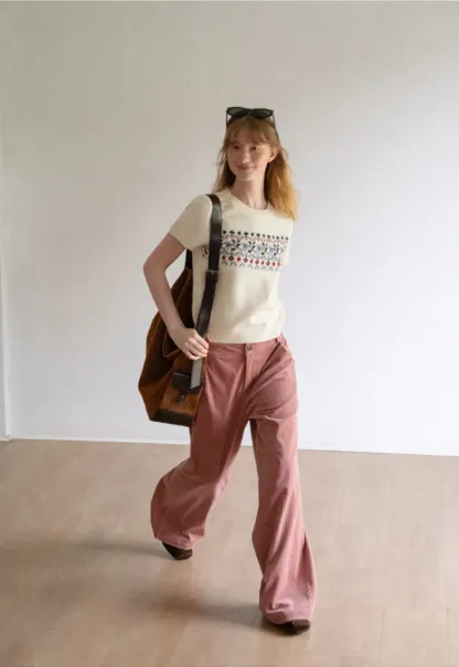 Fair Isle Patterned Short Sleeve Knit Sweater