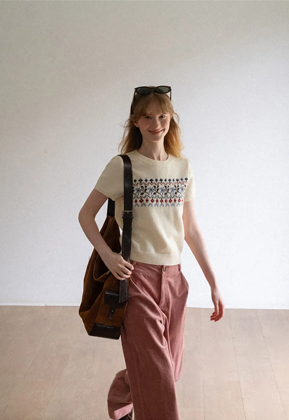 Fair Isle Patterned Short Sleeve Knit Sweater