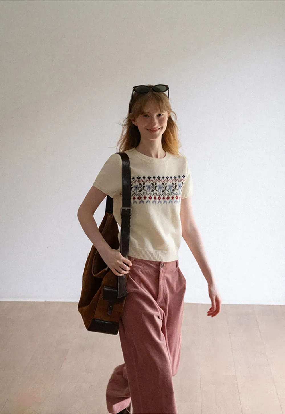 Fair Isle Patterned Short Sleeve Knit Sweater