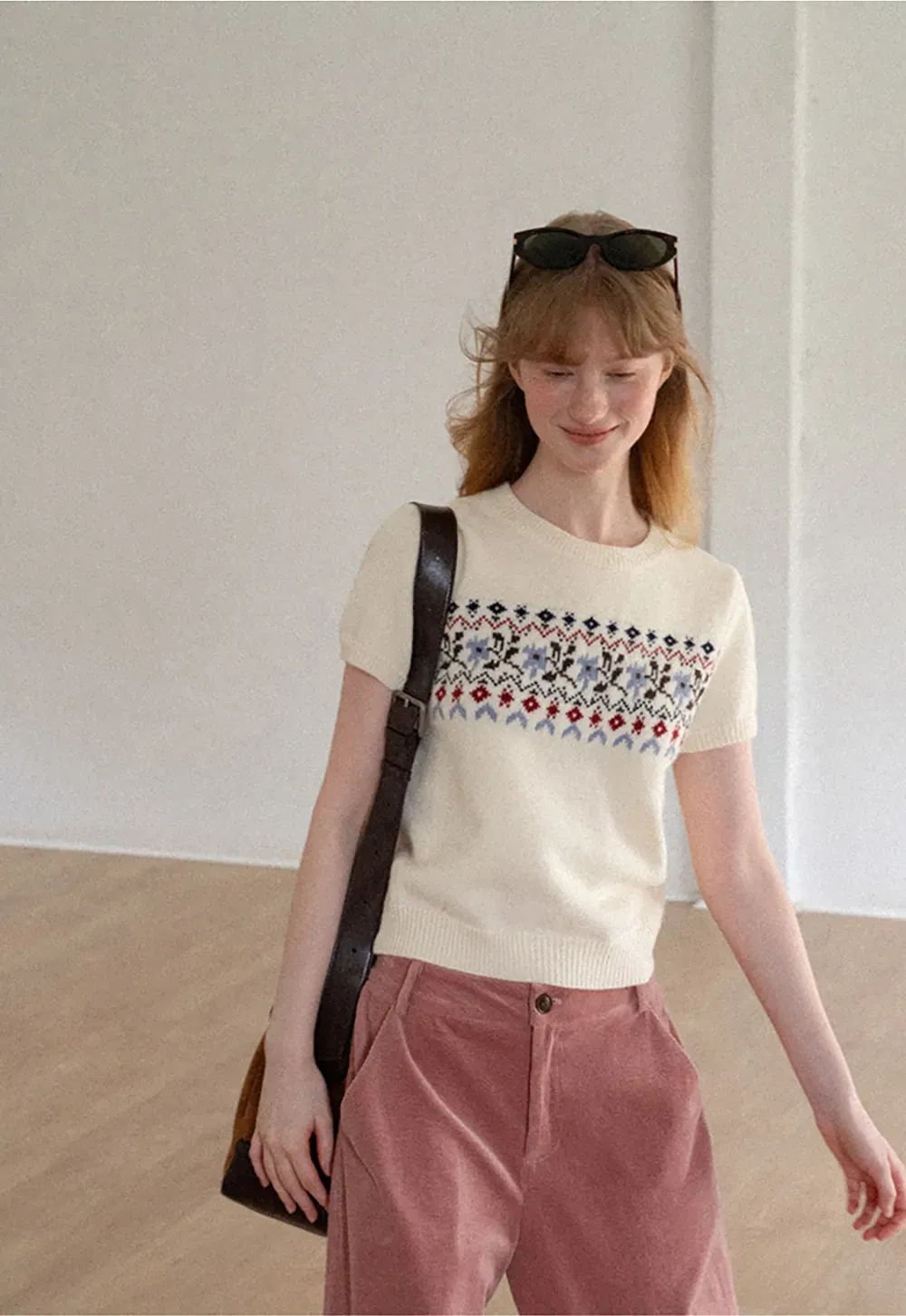 Fair Isle Patterned Short Sleeve Knit Sweater