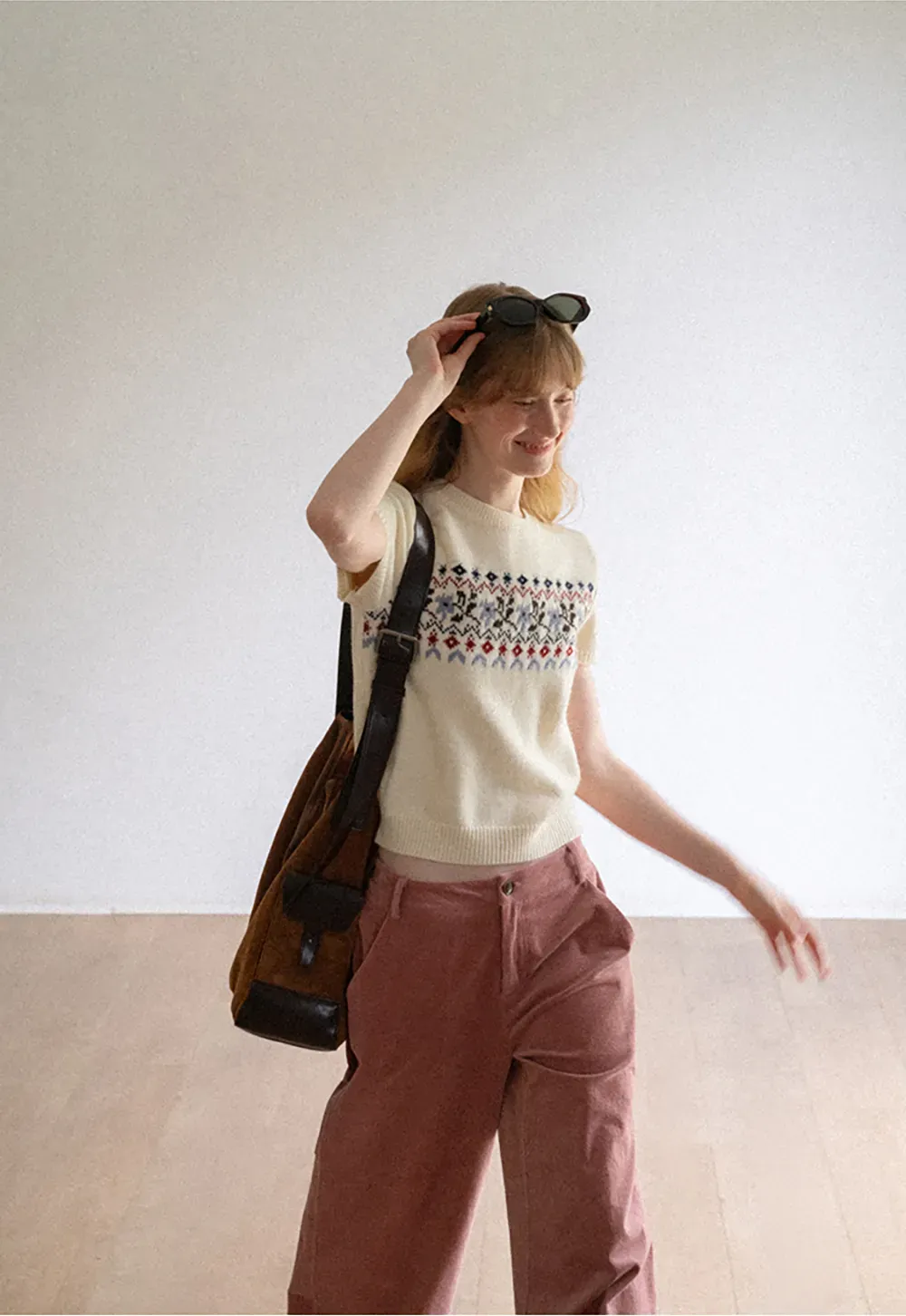 Fair Isle Patterned Short Sleeve Knit Sweater