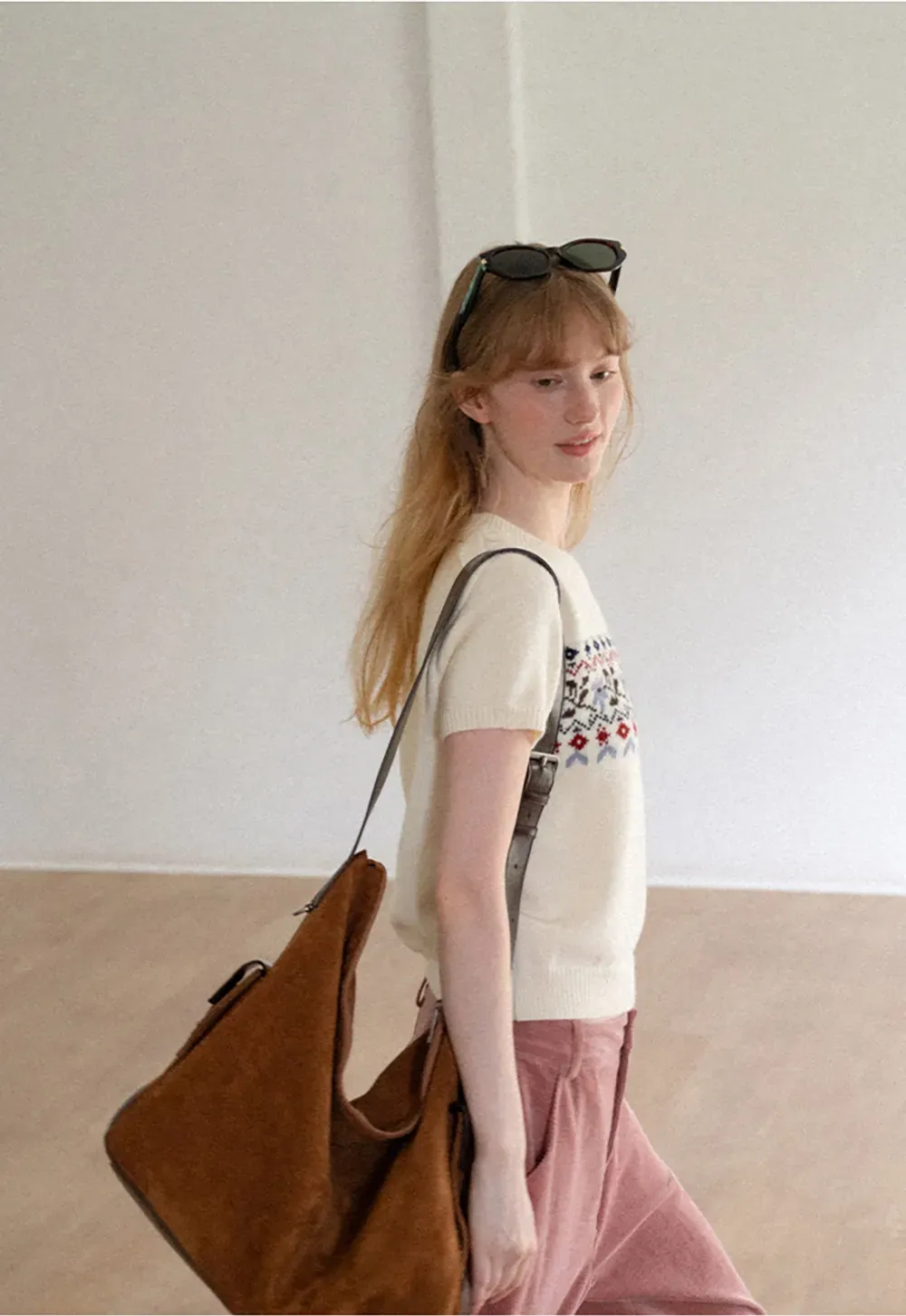Fair Isle Patterned Short Sleeve Knit Sweater