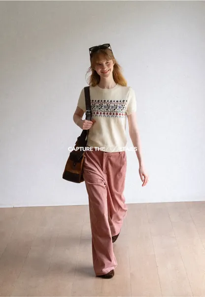 Fair Isle Patterned Short Sleeve Knit Sweater