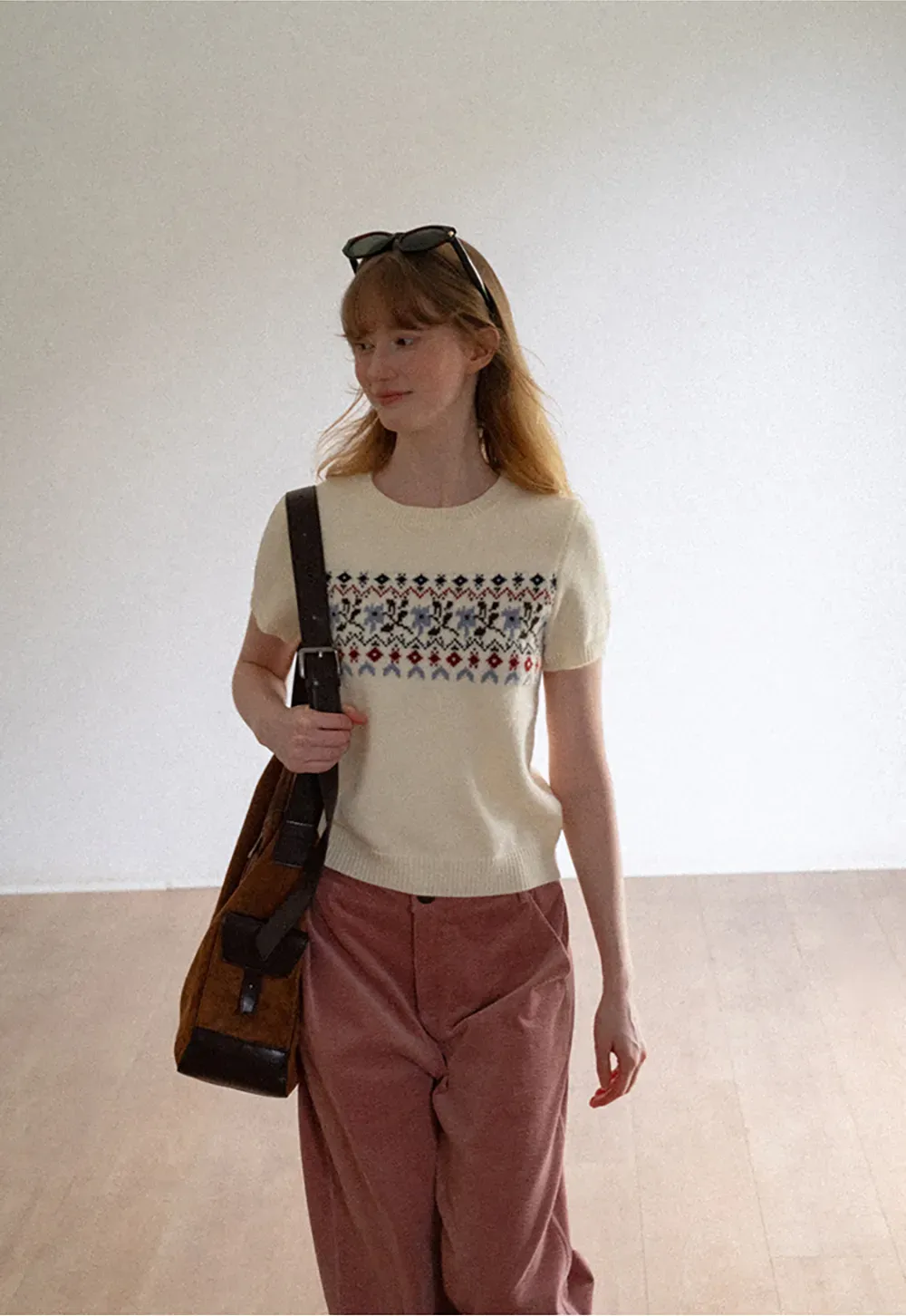 Fair Isle Patterned Short Sleeve Knit Sweater