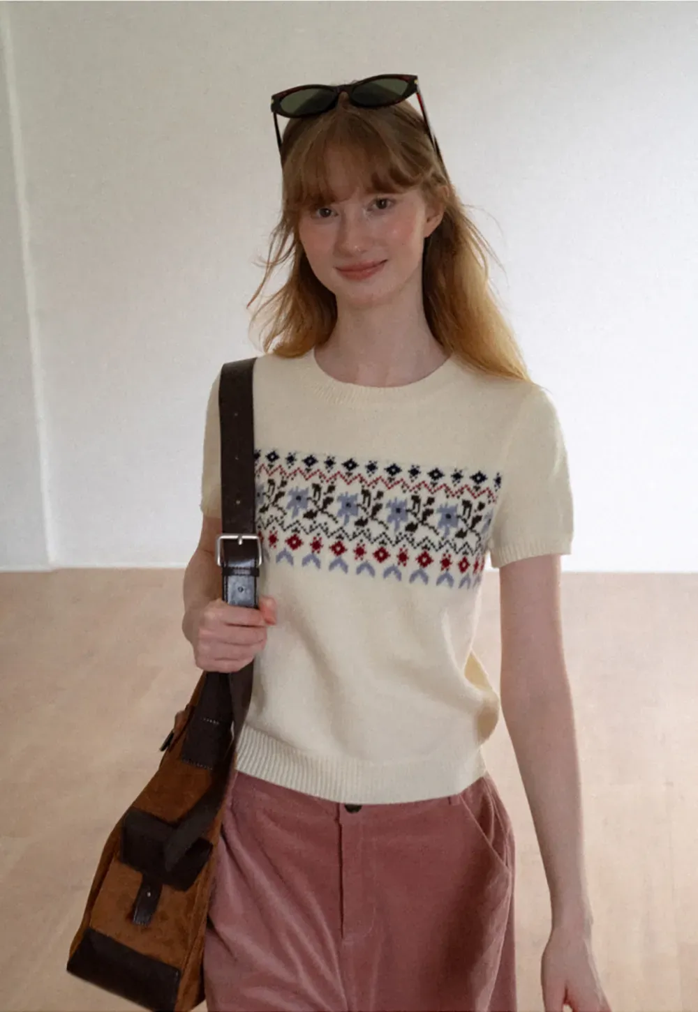 Fair Isle Patterned Short Sleeve Knit Sweater