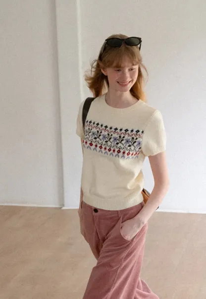 Fair Isle Patterned Short Sleeve Knit Sweater