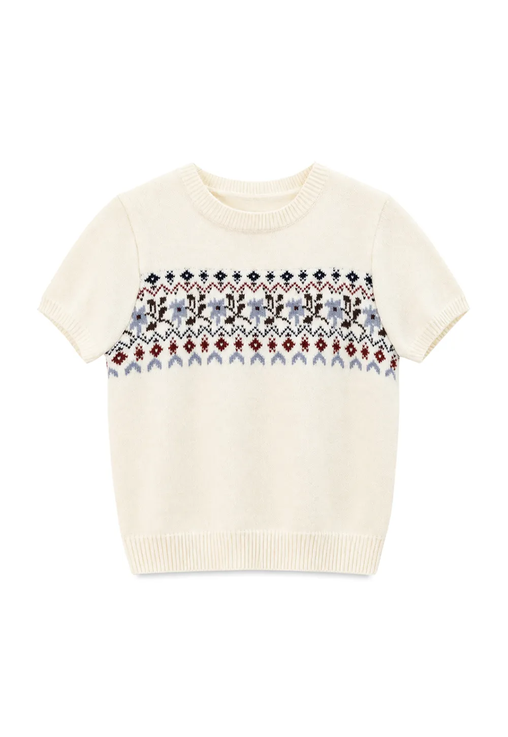 Fair Isle Patterned Short Sleeve Knit Sweater