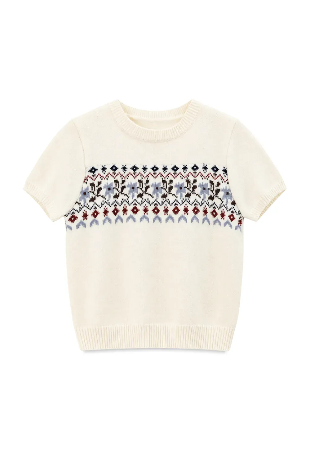 Fair Isle Patterned Short Sleeve Knit Sweater