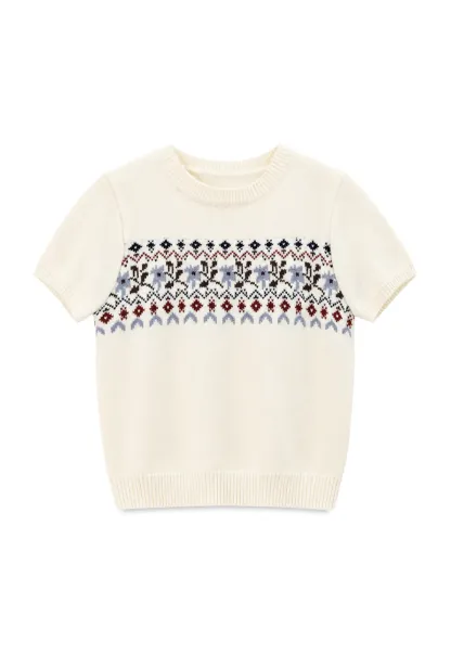 Fair Isle Patterned Short Sleeve Knit Sweater
