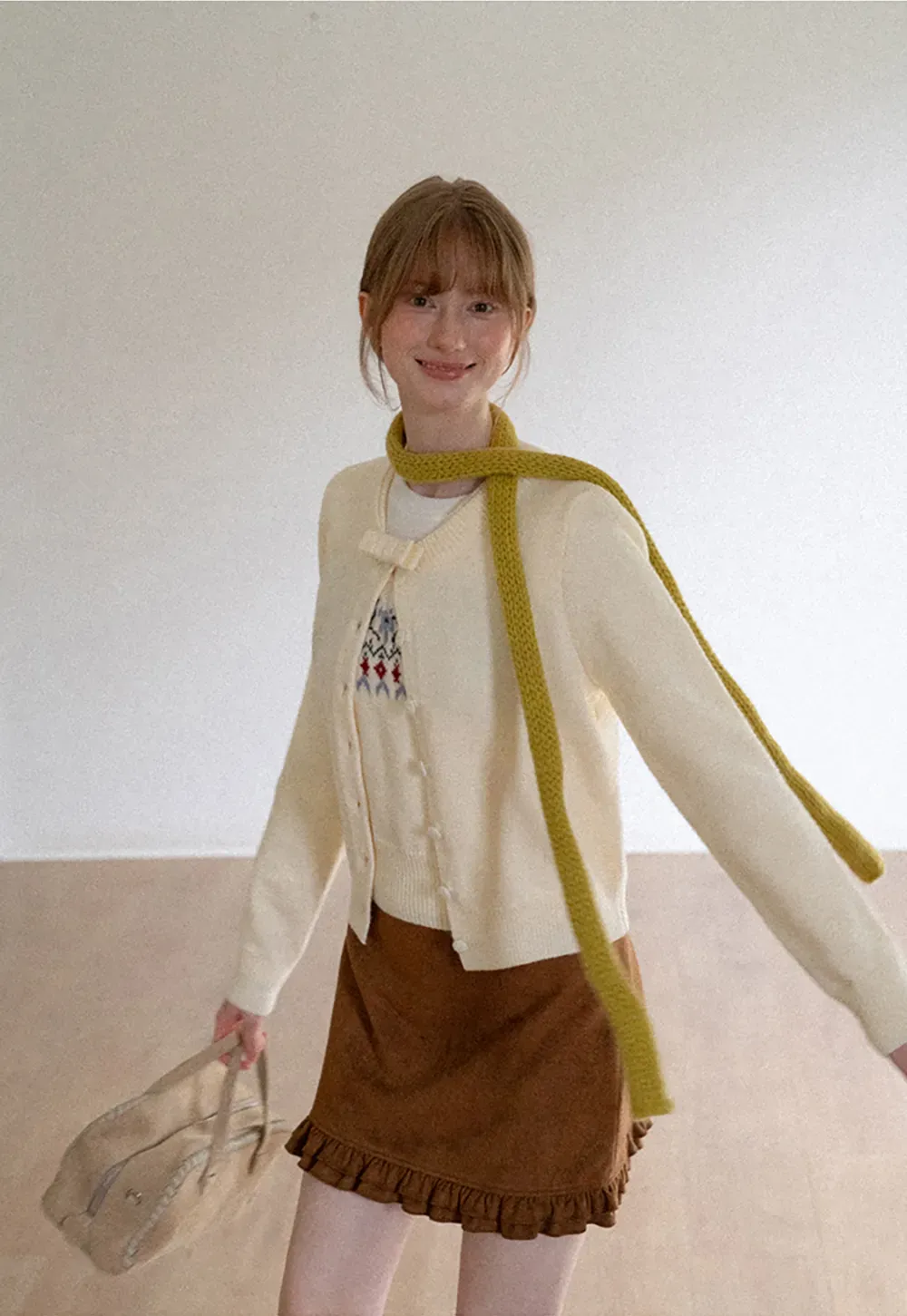 Ruffled Collar Button Front Knit Cardigan