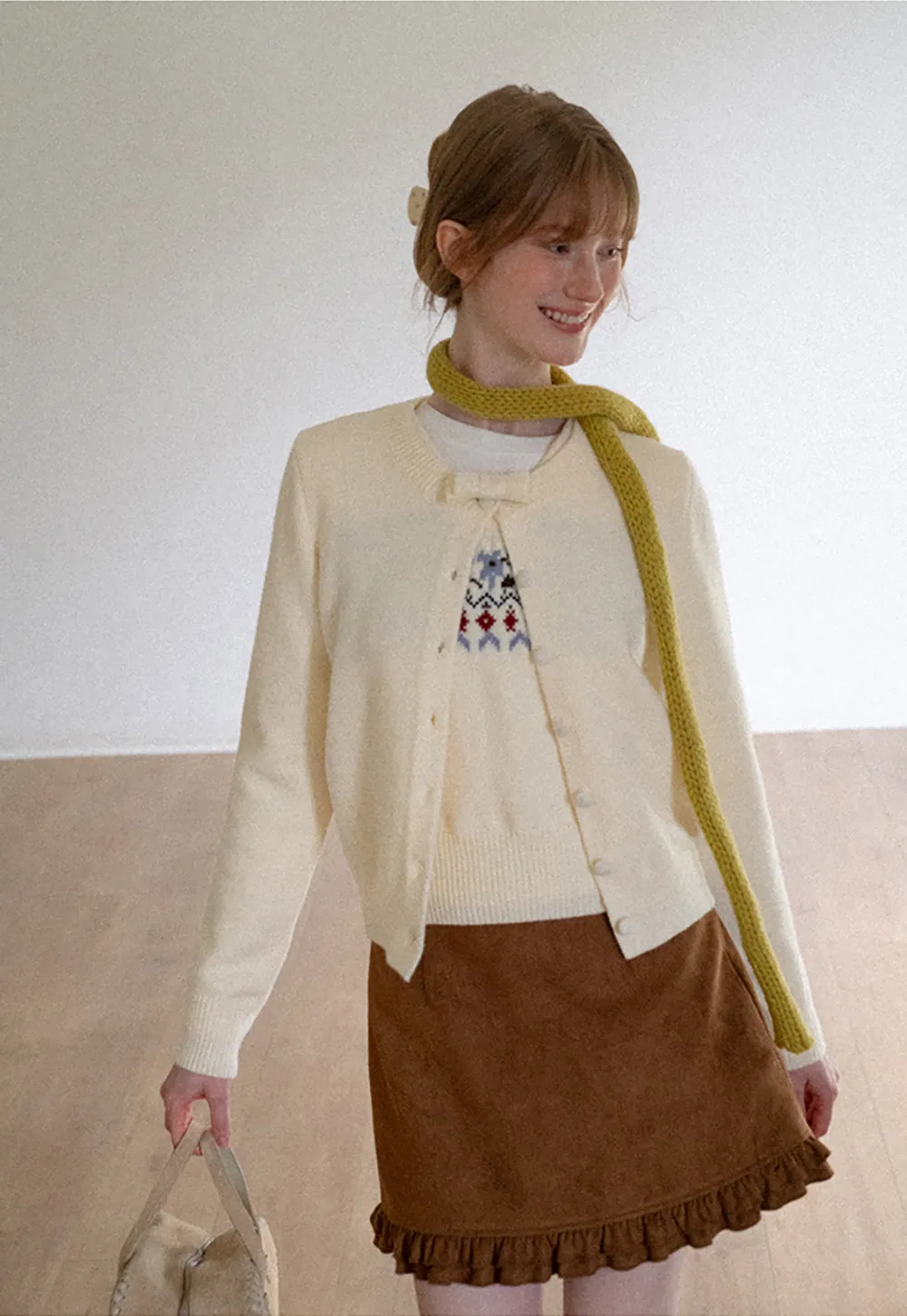 Ruffled Collar Button Front Knit Cardigan