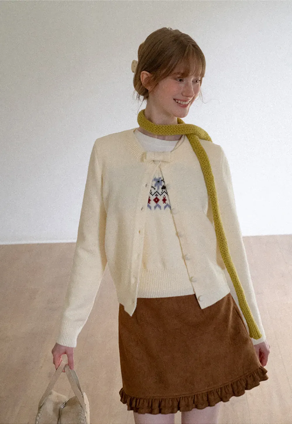 Ruffled Collar Button Front Knit Cardigan