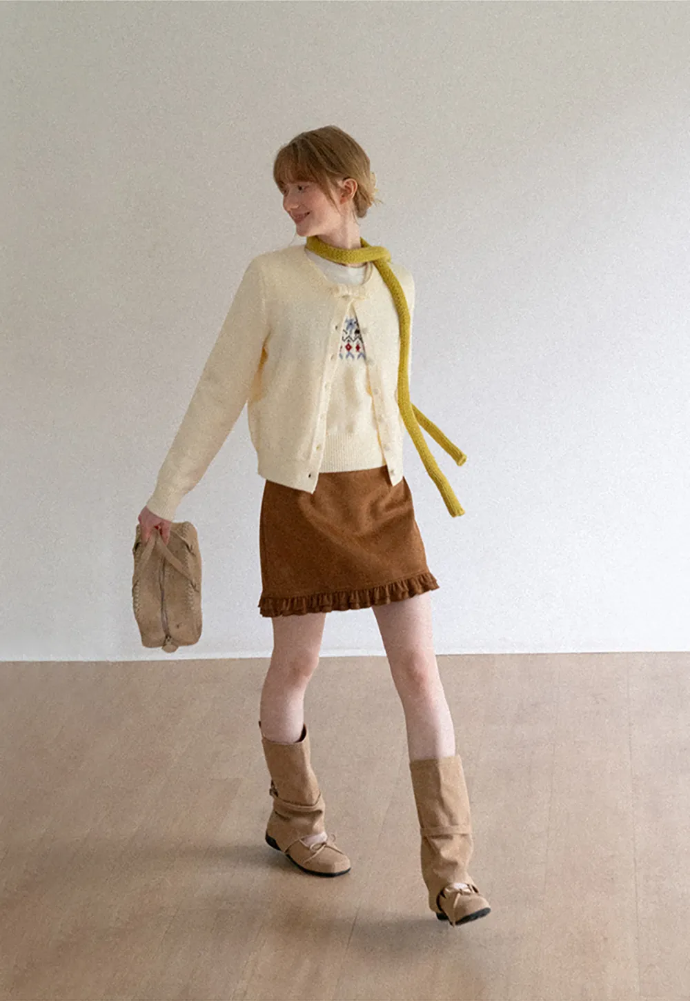 Ruffled Collar Button Front Knit Cardigan