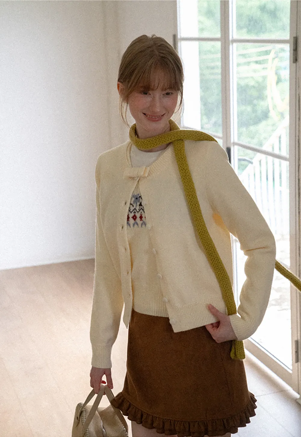 Ruffled Collar Button Front Knit Cardigan