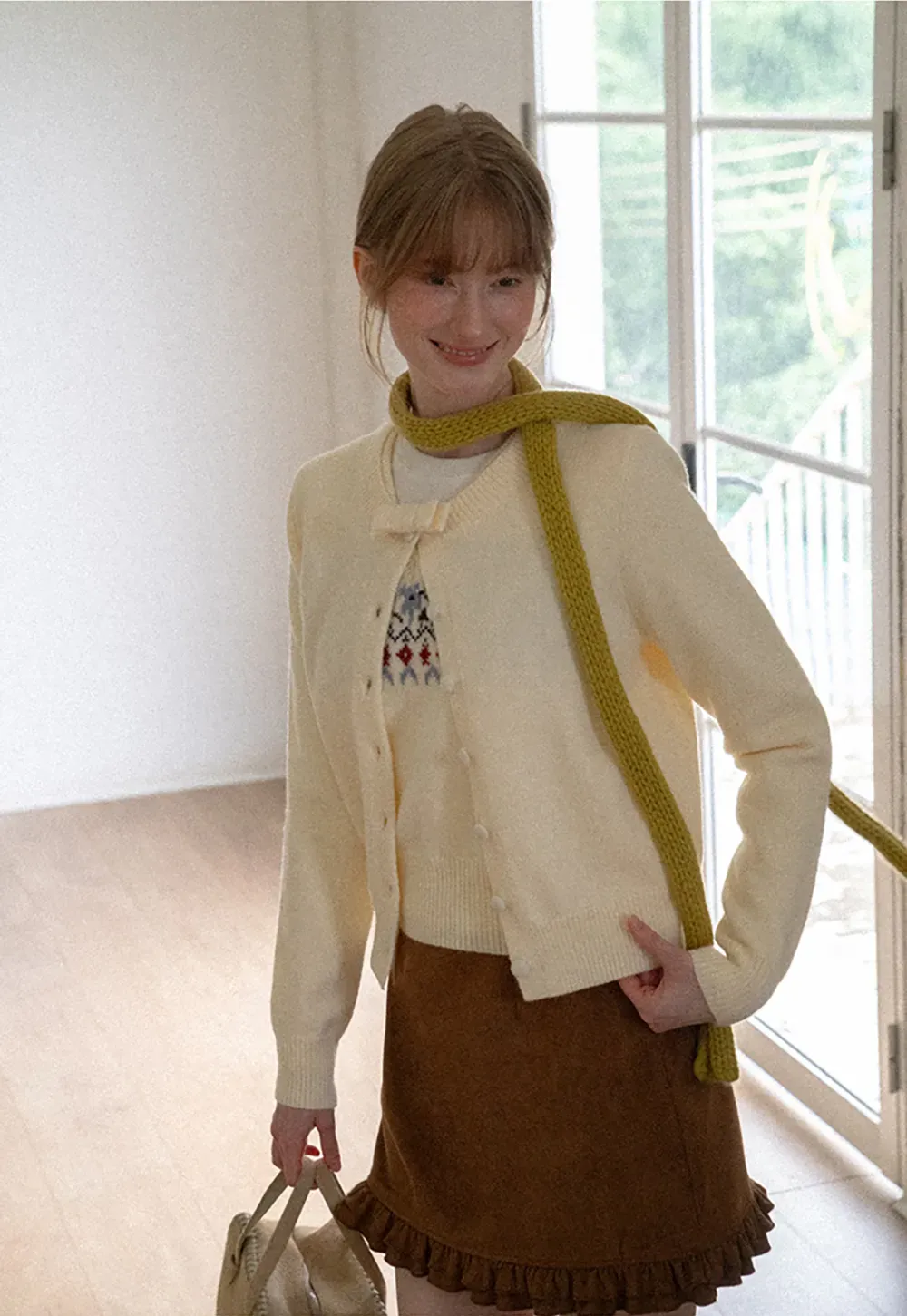 Ruffled Collar Button Front Knit Cardigan