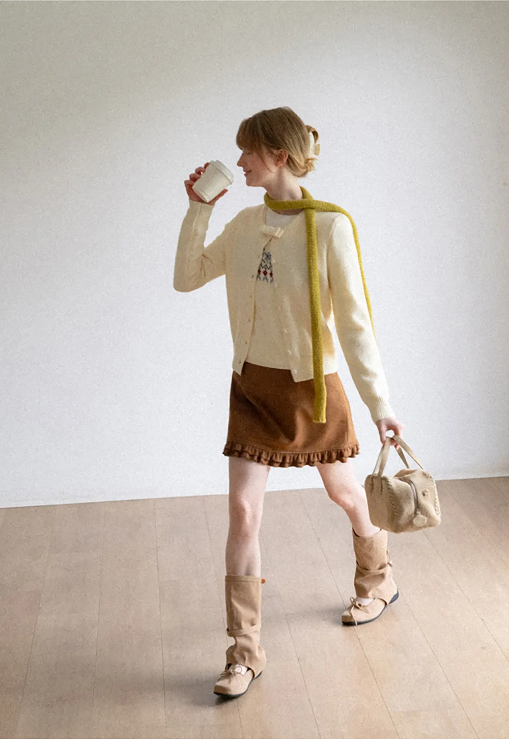 Ruffled Collar Button Front Knit Cardigan