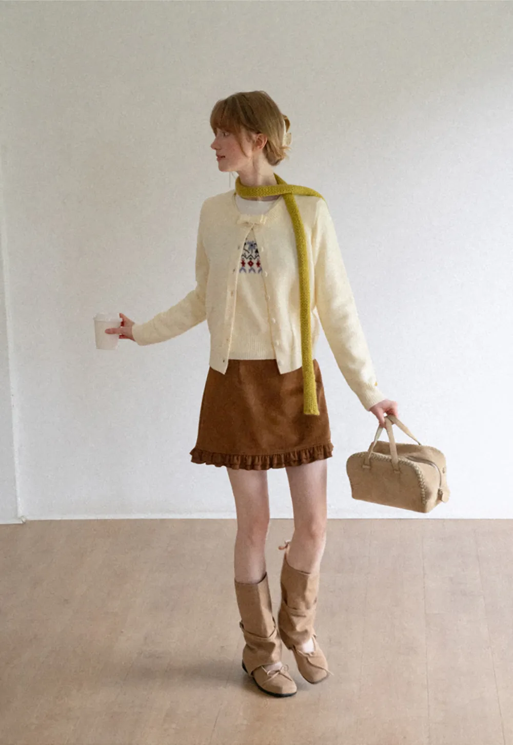 Ruffled Collar Button Front Knit Cardigan