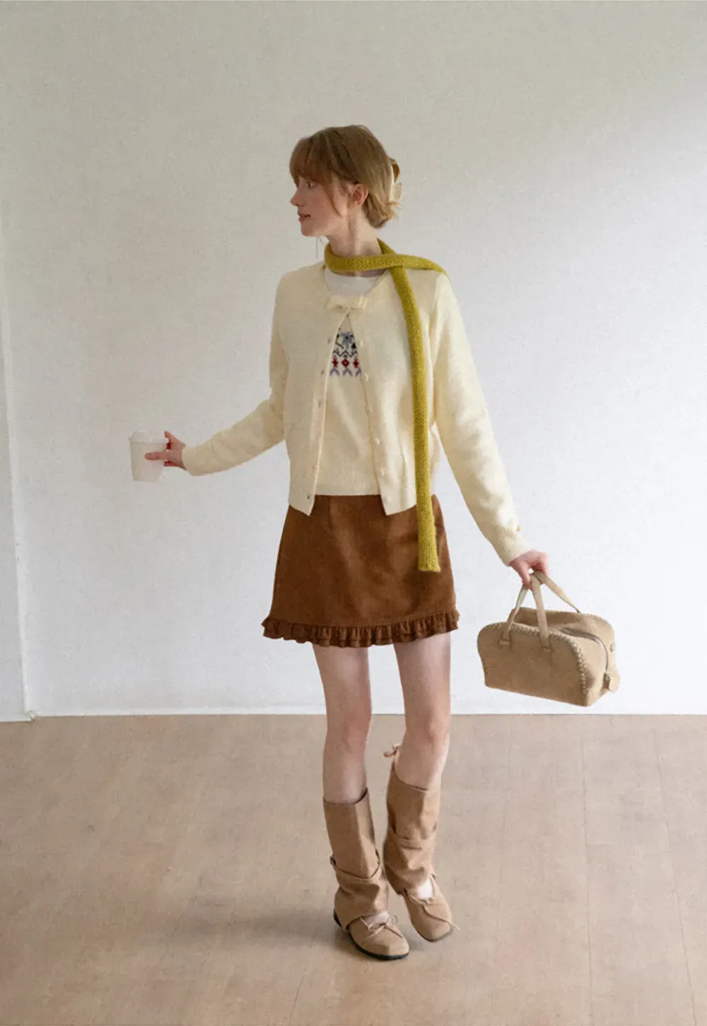 Ruffled Collar Button Front Knit Cardigan