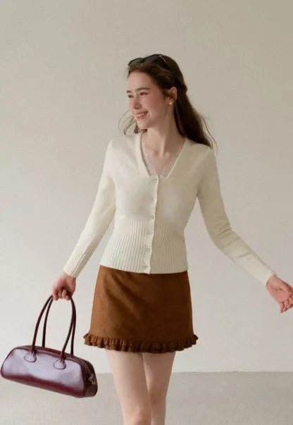 V Neck Lace Trim Ribbed Knit Cardigan