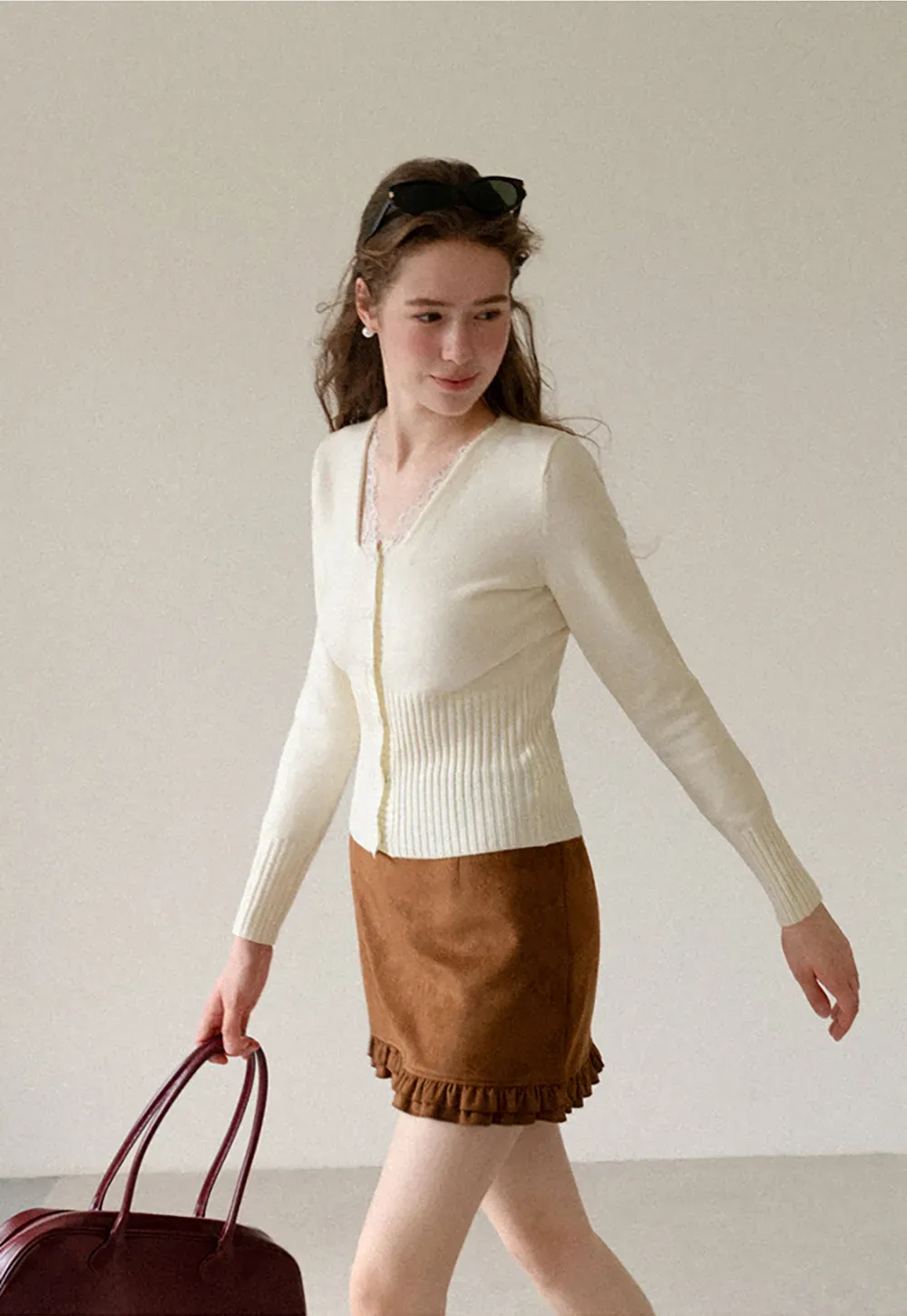 V Neck Lace Trim Ribbed Knit Cardigan