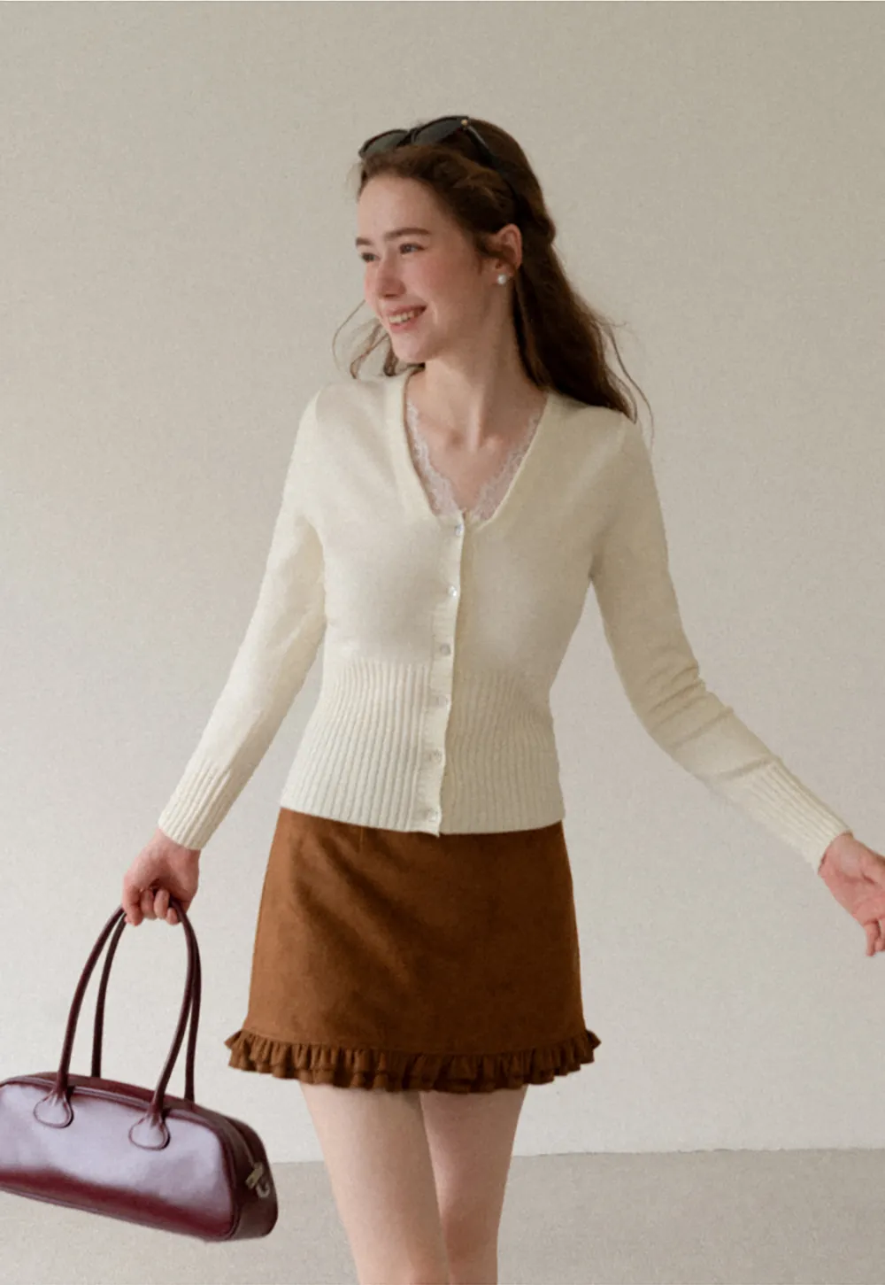 V Neck Lace Trim Ribbed Knit Cardigan