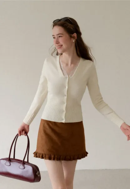 V Neck Lace Trim Ribbed Knit Cardigan