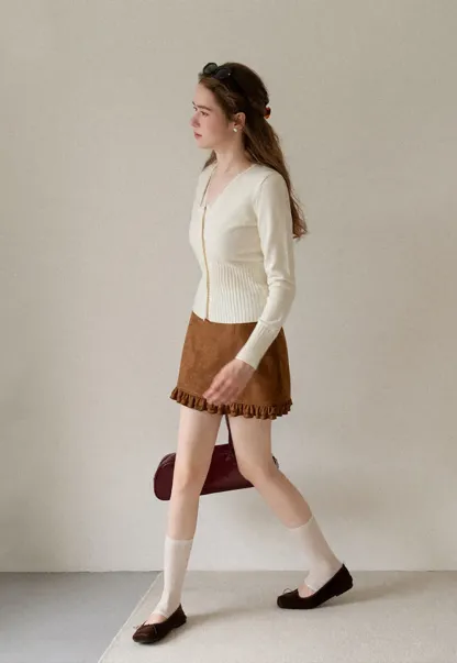 V Neck Lace Trim Ribbed Knit Cardigan