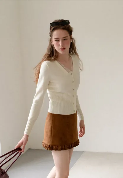 V Neck Lace Trim Ribbed Knit Cardigan