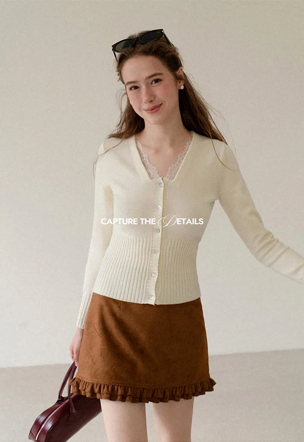 V Neck Lace Trim Ribbed Knit Cardigan