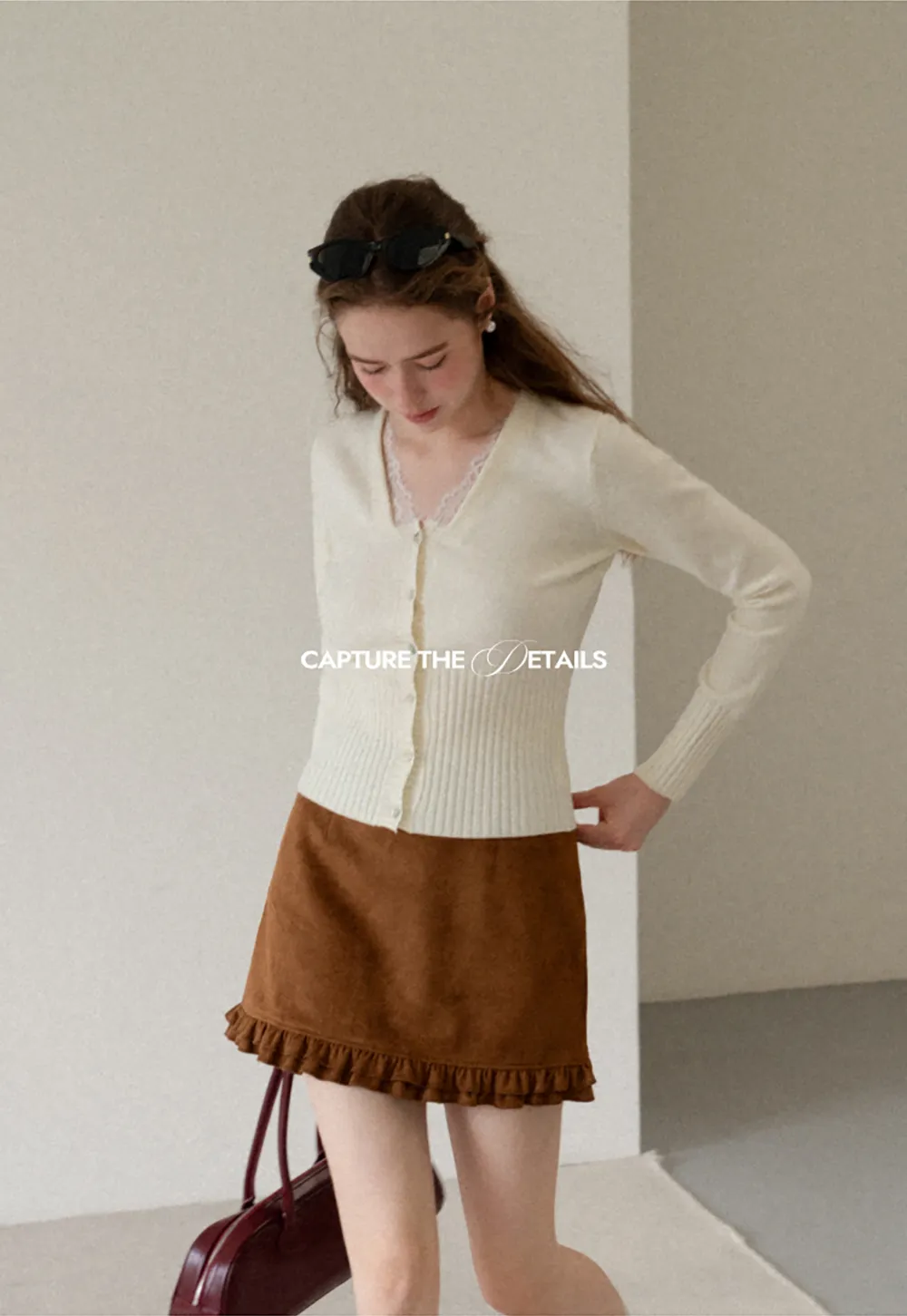 V Neck Lace Trim Ribbed Knit Cardigan