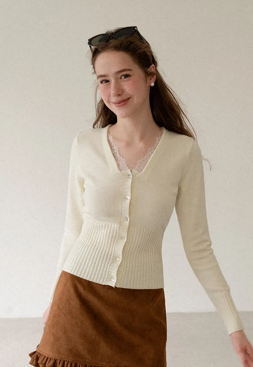 V Neck Lace Trim Ribbed Knit Cardigan