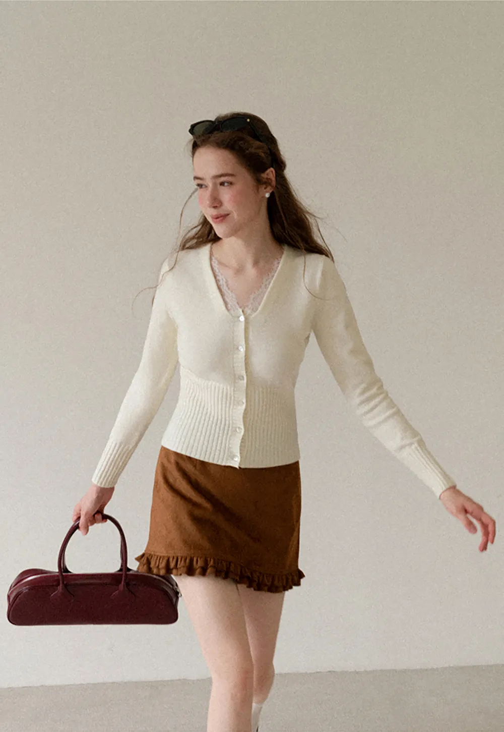 V Neck Lace Trim Ribbed Knit Cardigan