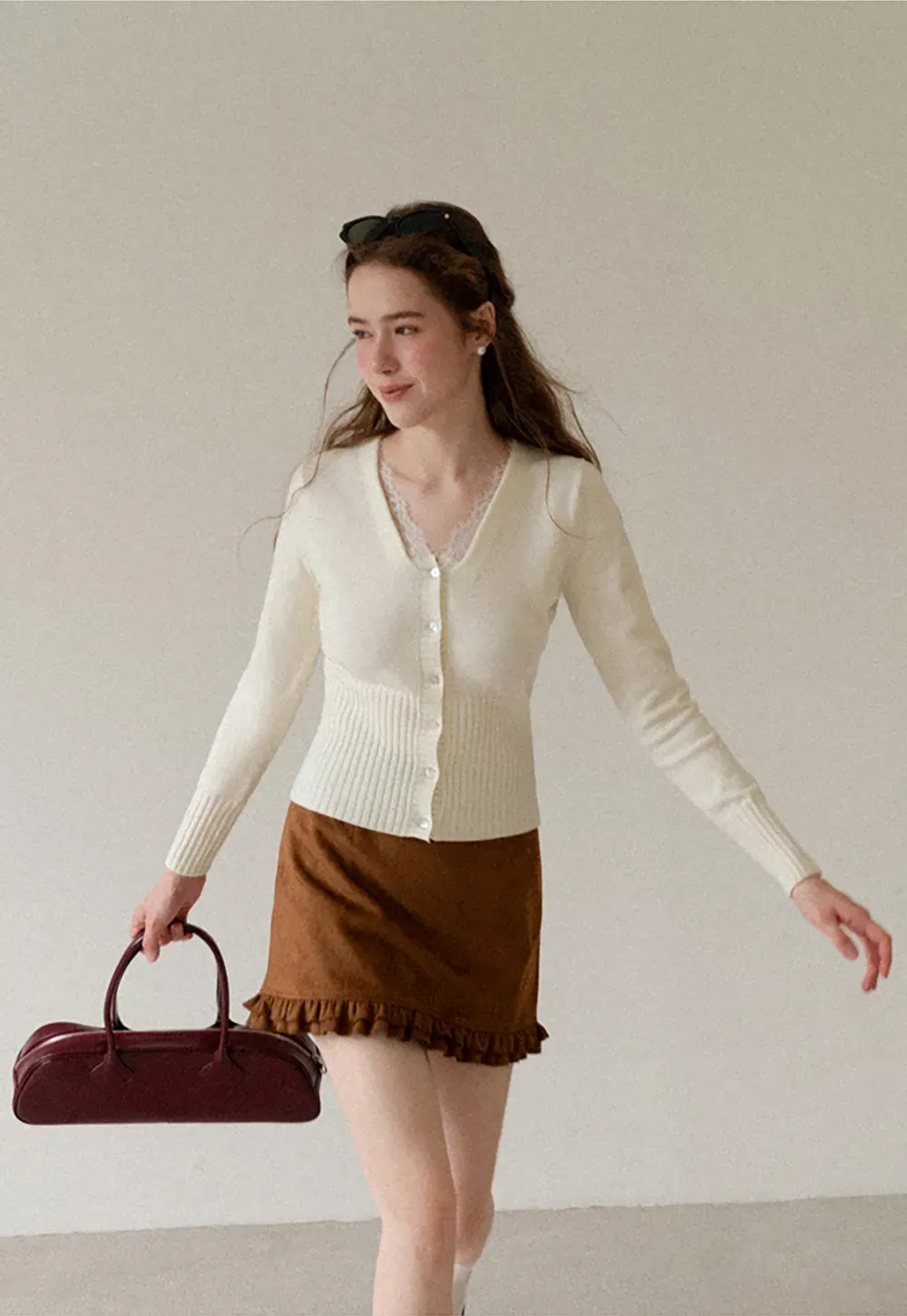 V Neck Lace Trim Ribbed Knit Cardigan