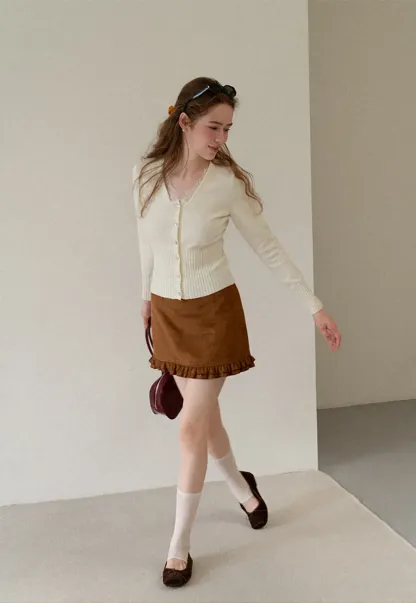 V Neck Lace Trim Ribbed Knit Cardigan