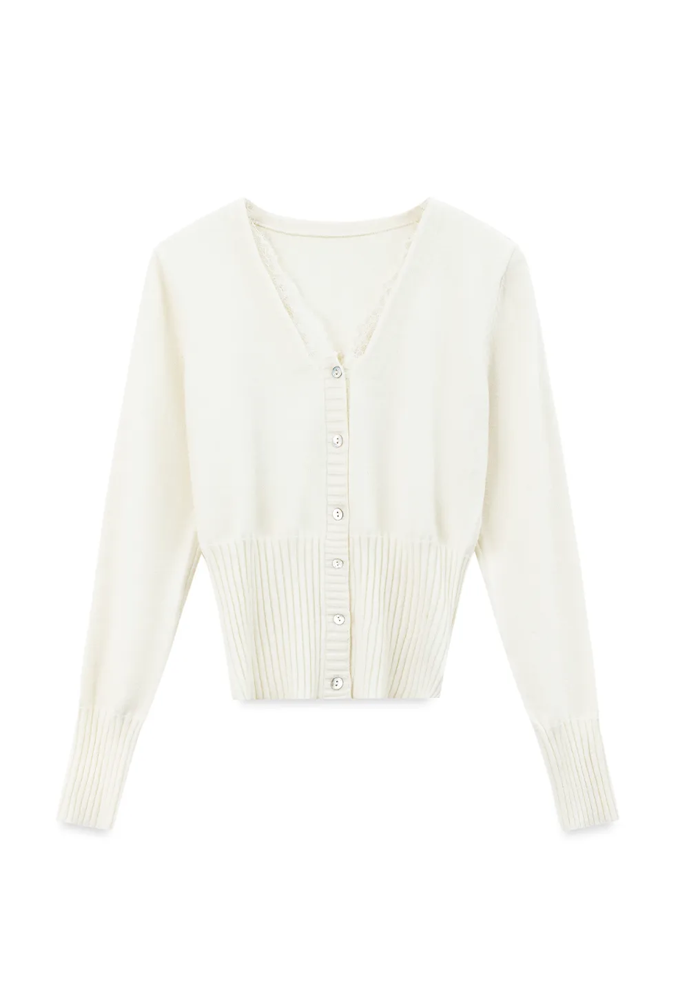 V Neck Lace Trim Ribbed Knit Cardigan