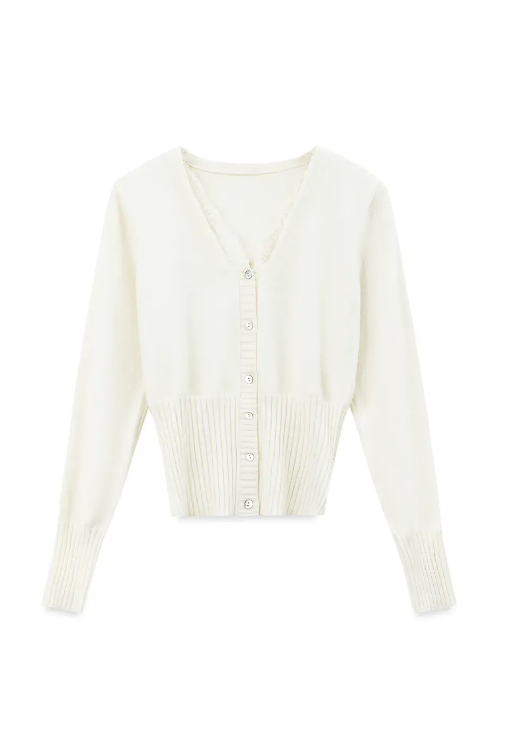 V Neck Lace Trim Ribbed Knit Cardigan