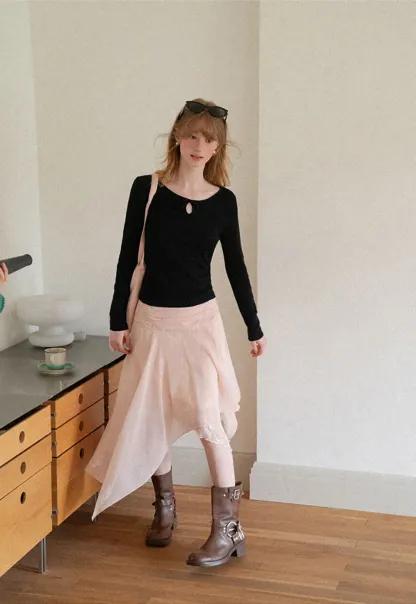 Keyhole Neck Long Sleeve Wool Knit Sweater