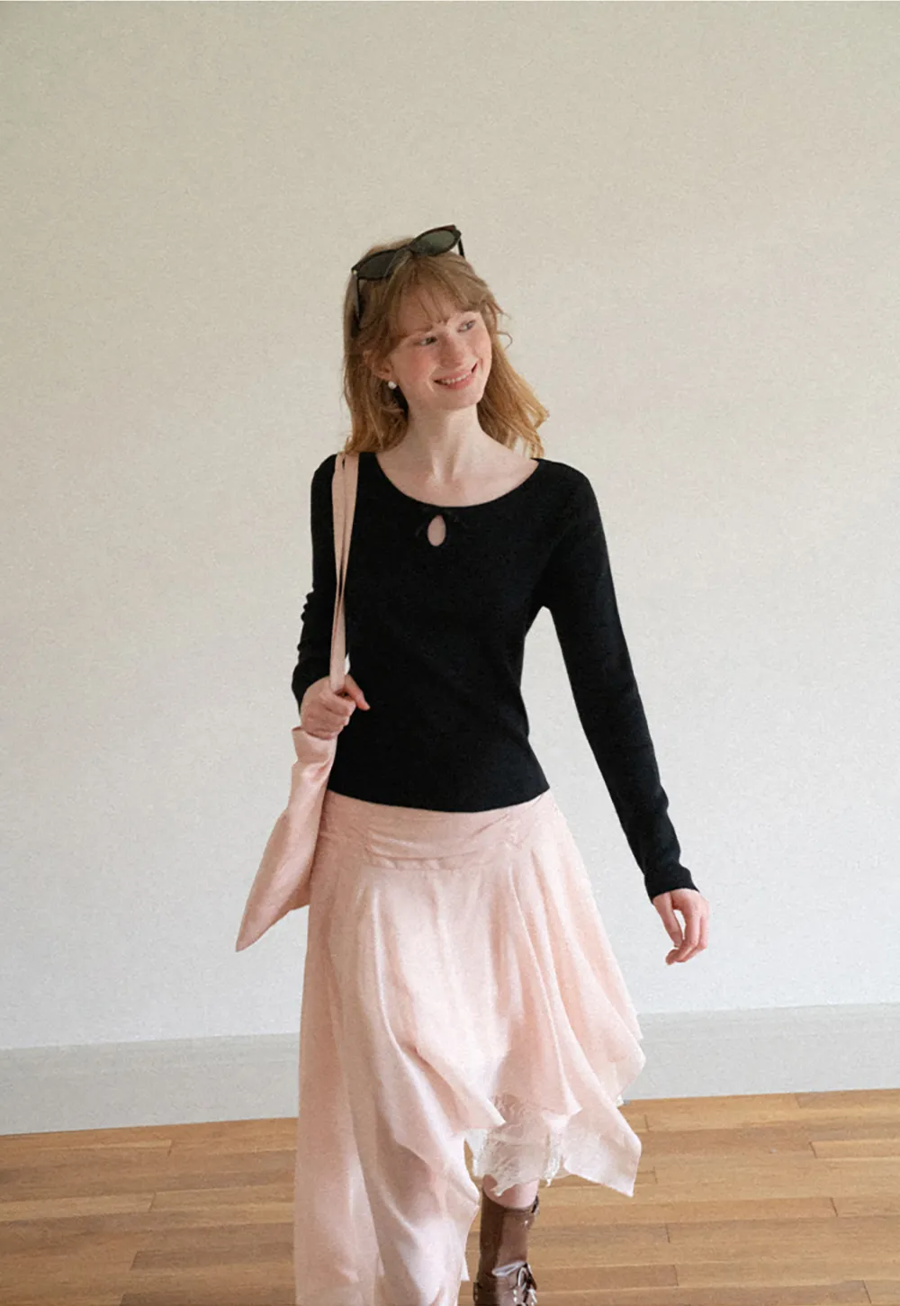 Keyhole Neck Long Sleeve Wool Knit Sweater