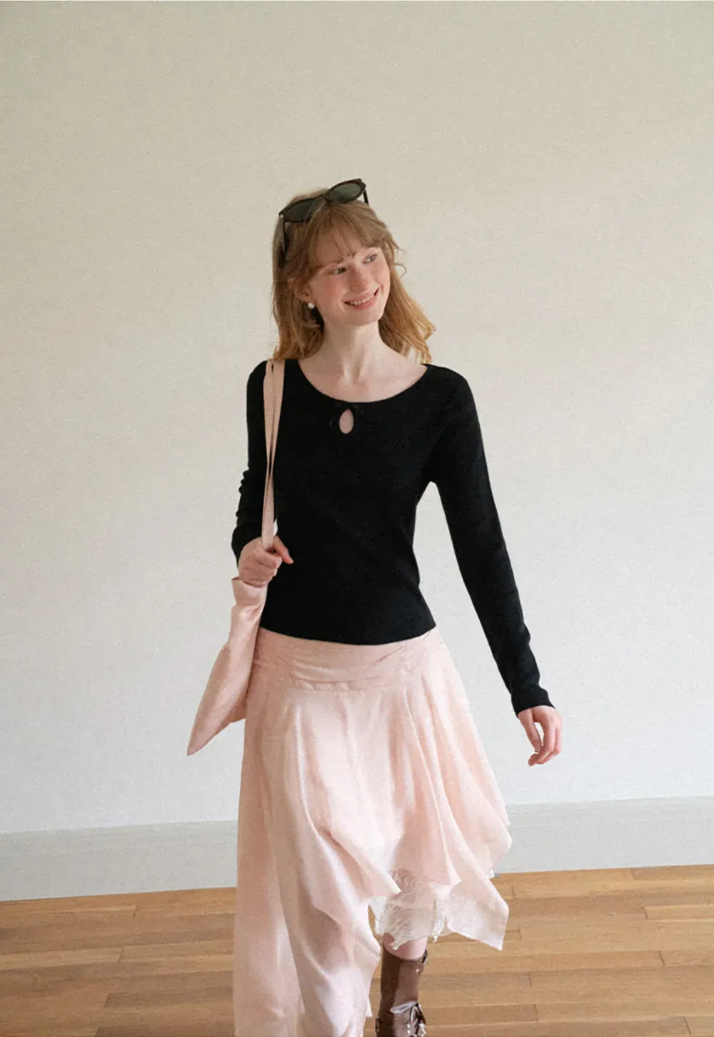 Keyhole Neck Long Sleeve Wool Knit Sweater