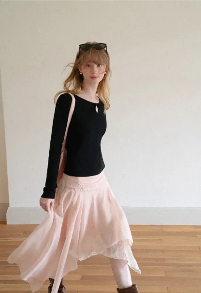 Keyhole Neck Long Sleeve Wool Knit Sweater