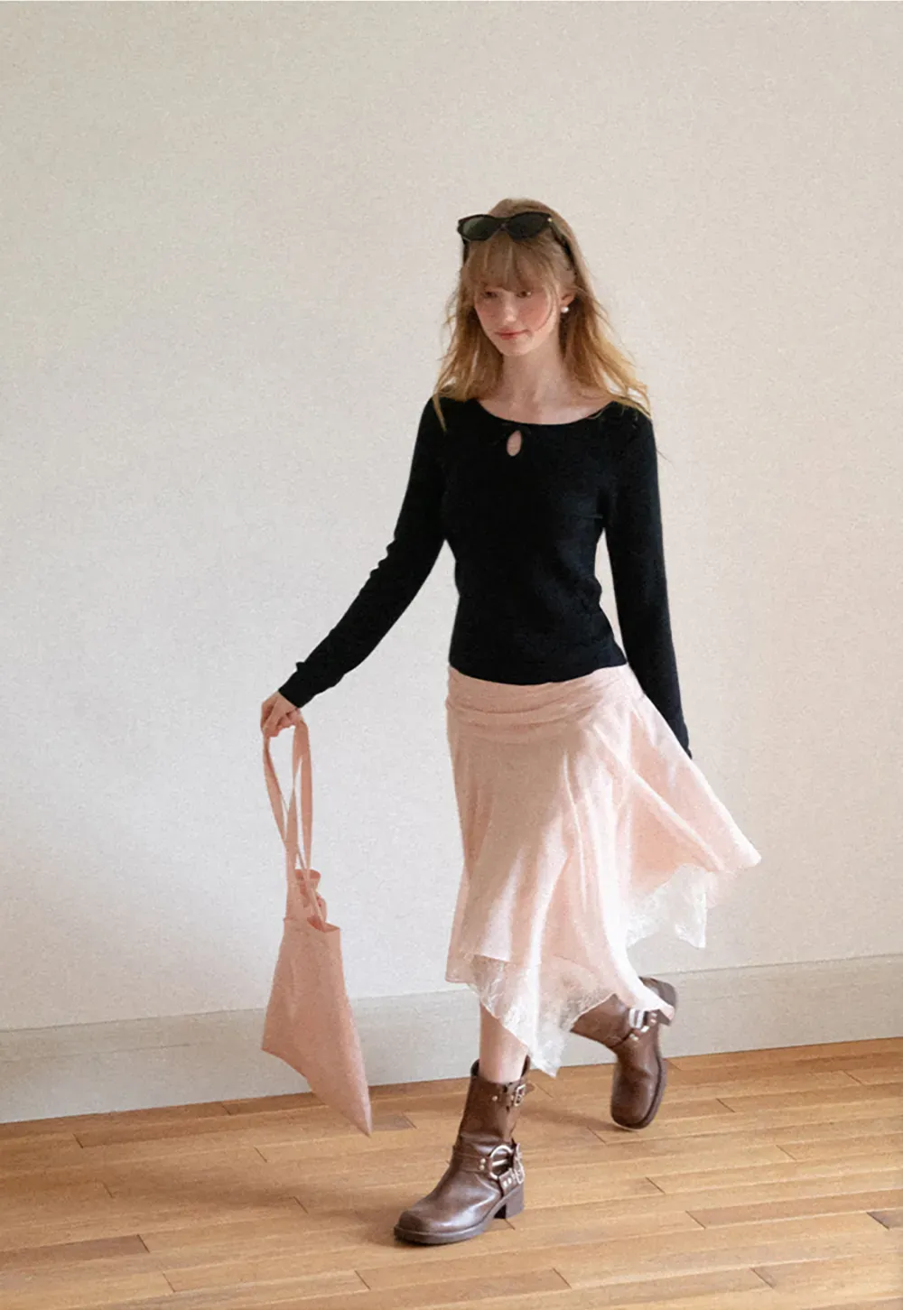 Keyhole Neck Long Sleeve Wool Knit Sweater