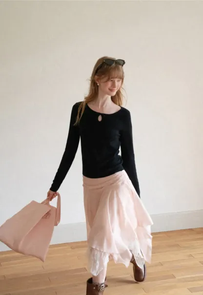 Keyhole Neck Long Sleeve Wool Knit Sweater