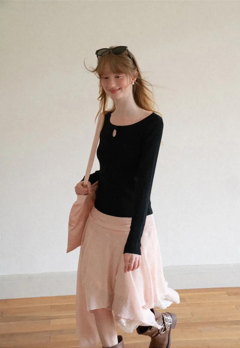 Keyhole Neck Long Sleeve Wool Knit Sweater