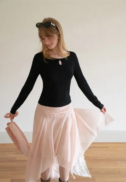 Keyhole Neck Long Sleeve Wool Knit Sweater
