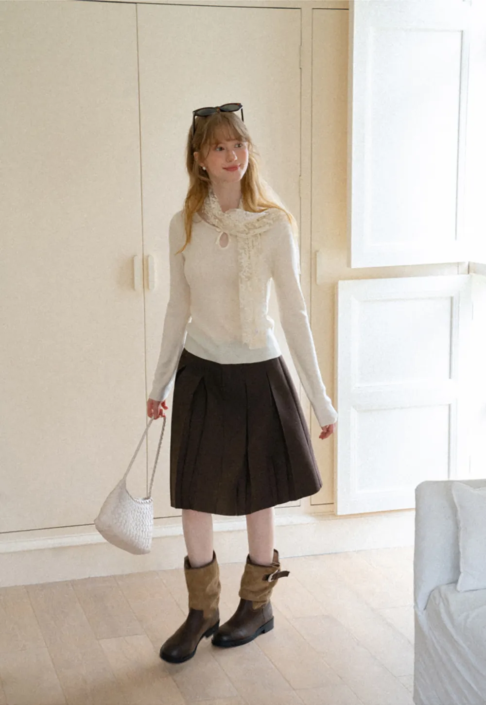 Keyhole Neck Long Sleeve Wool Knit Sweater