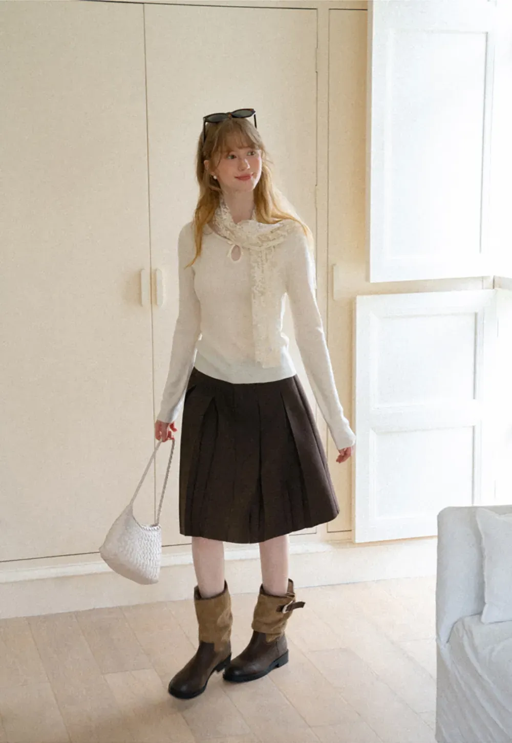 Keyhole Neck Long Sleeve Wool Knit Sweater