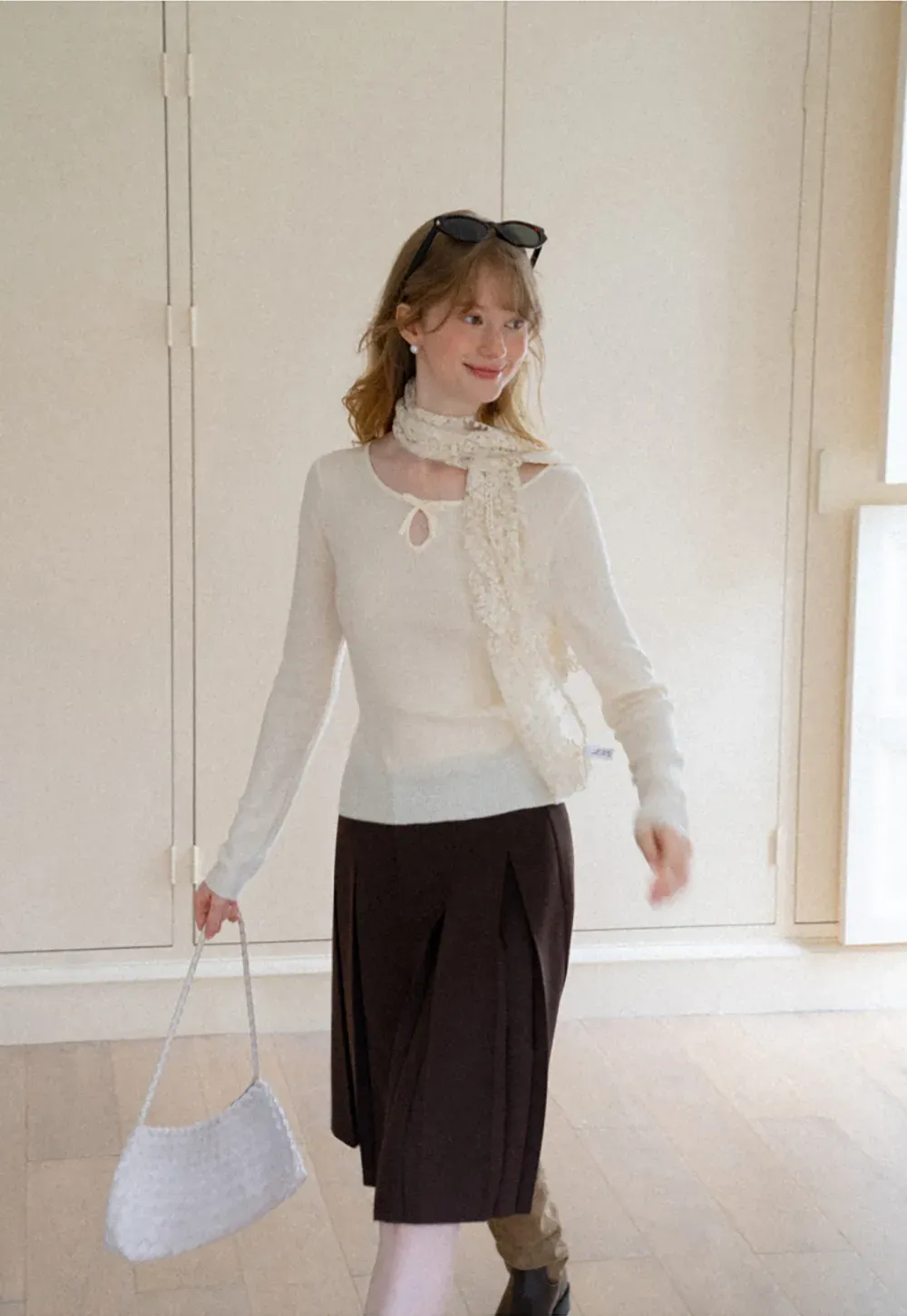 Keyhole Neck Long Sleeve Wool Knit Sweater
