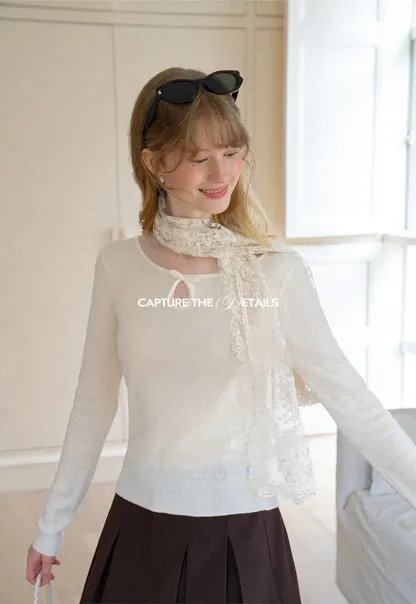 Keyhole Neck Long Sleeve Wool Knit Sweater