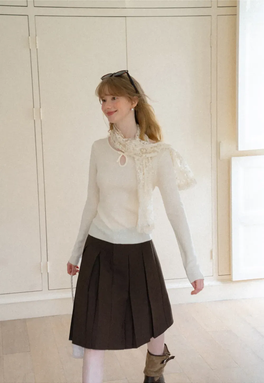 Keyhole Neck Long Sleeve Wool Knit Sweater